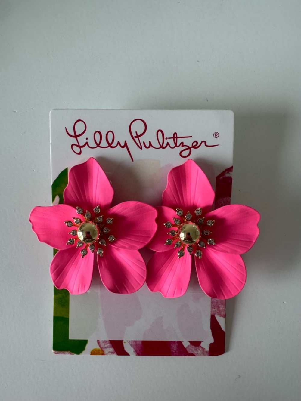 Lilly Pulitzer Bright Pink Floral Crystal Center Earrings